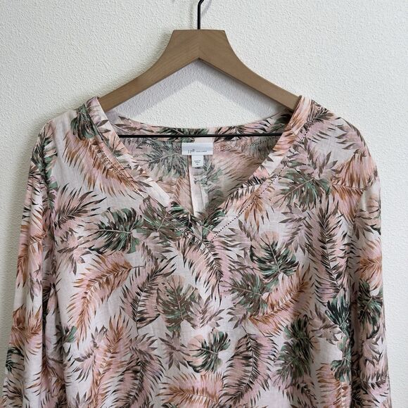 J.Jill Love Linen Top Womens XL Pink Tropical Floral Breathable Beach 100% Linen - Picture 2 of 16